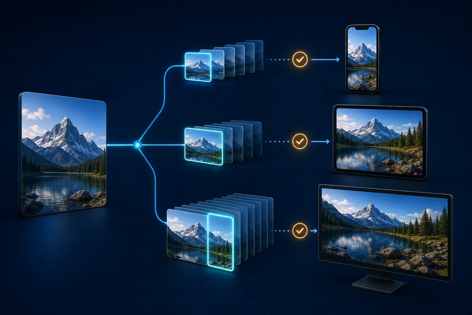 One source image branching into responsive candidates selected for a phone, tablet, and desktop display