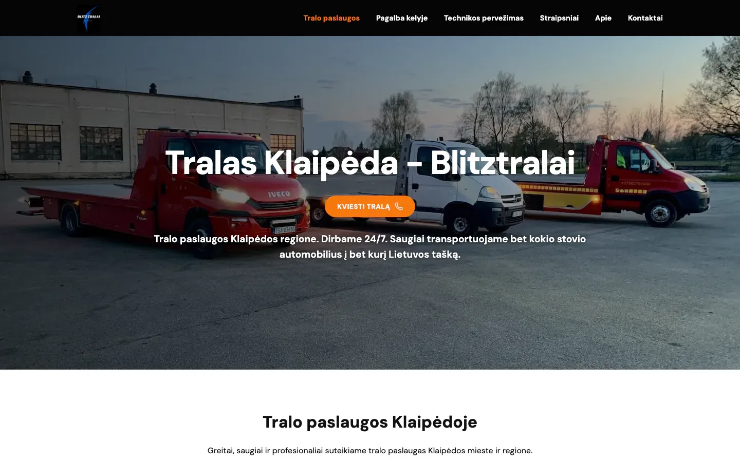 Blitztralai homepage with tow trucks at dusk, the heading Tralas Klaipėda (tow truck in Klaipėda) and an orange call button