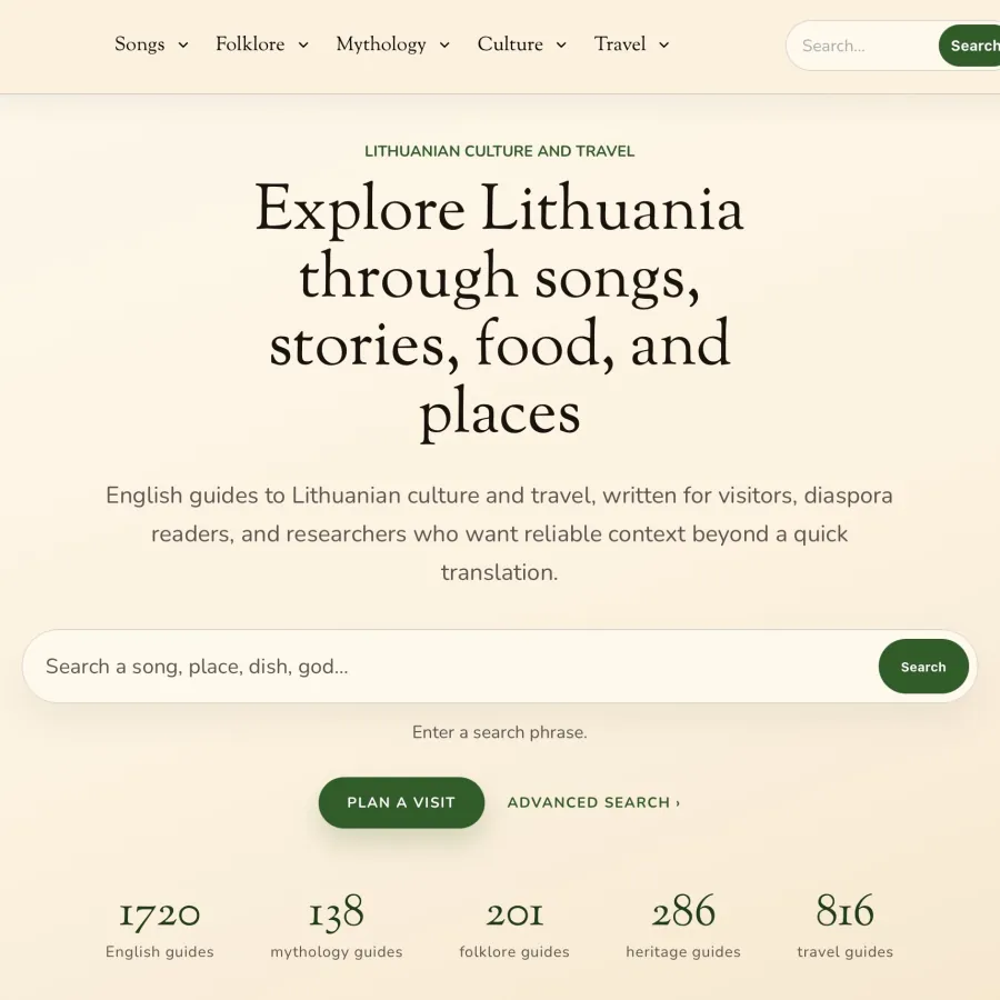 Lietuva.love case study visual showing the English cultural discovery homepage with 1,600+ guides