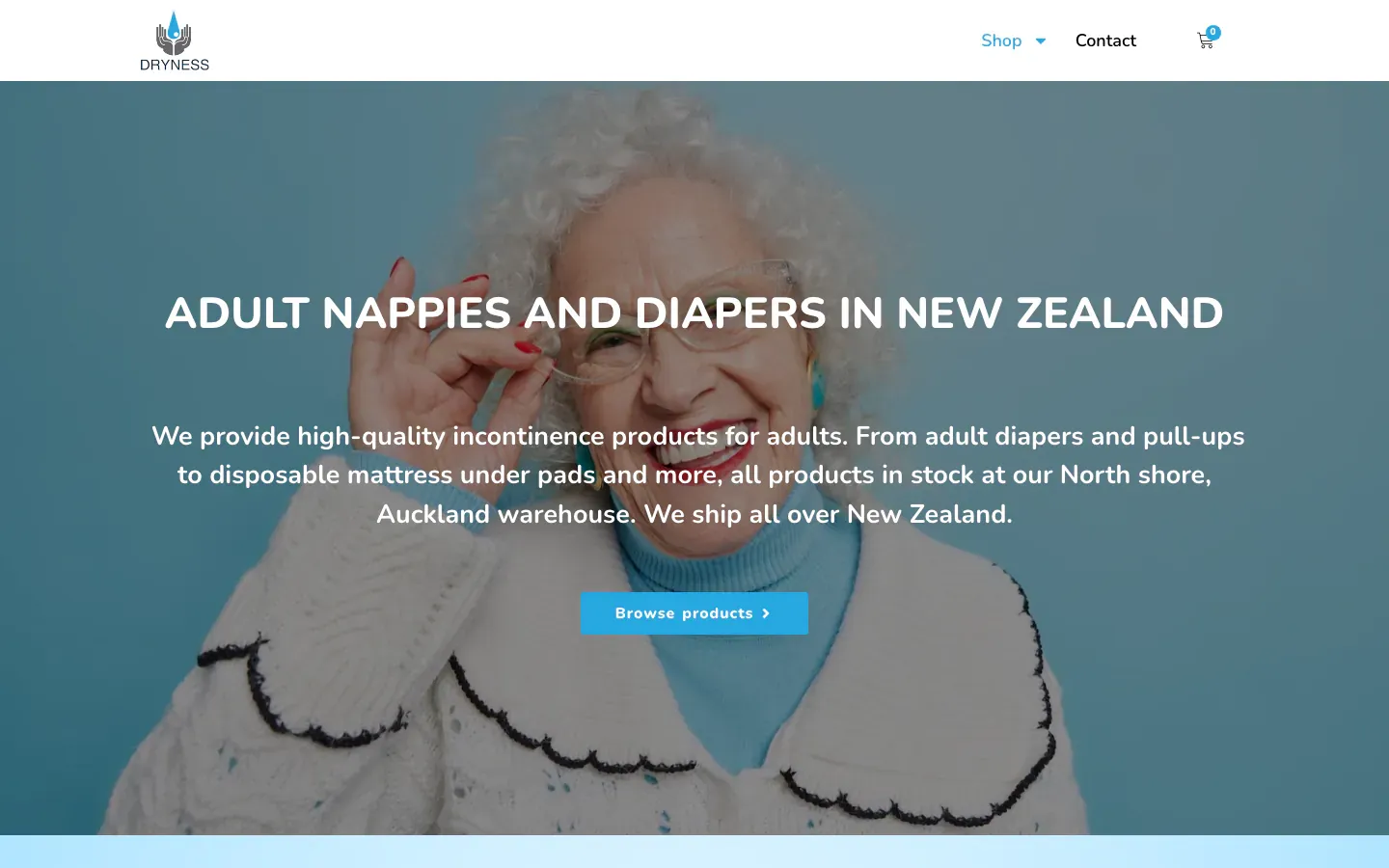 Dryness New Zealand homepage with a smiling older woman adjusting her glasses, the heading Adult Nappies and Diapers in New Zealand and a Browse products button