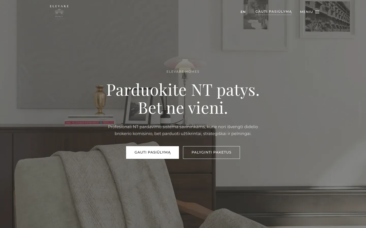 Elevare Homes homepage with a calm interior photo and the headline Parduokite NT patys. Bet ne vieni. (sell your property yourself, but not alone)