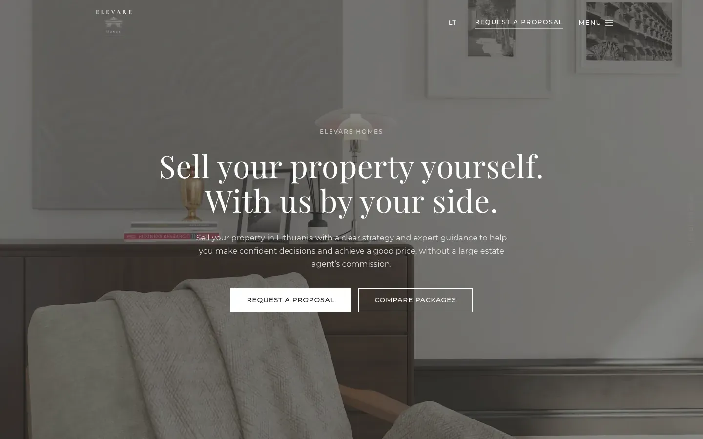 Elevare Homes homepage in English with a calm interior photo and the headline Sell your property yourself. With us by your side.