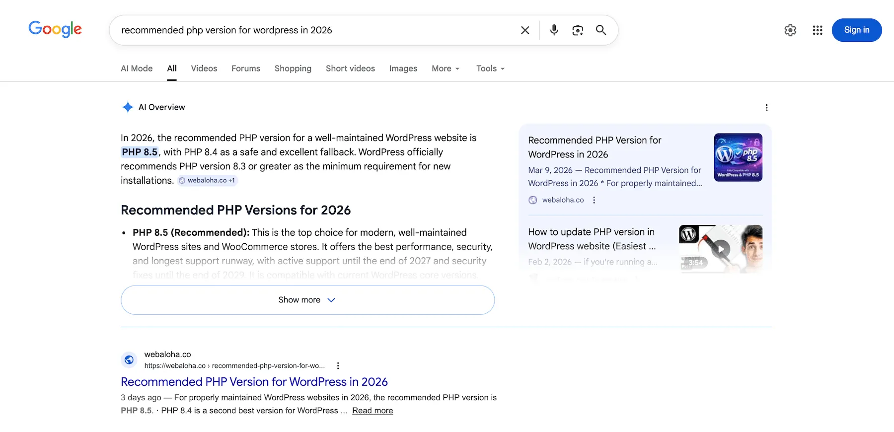 Example of GEO results: Google AI Overview cited Web Aloha