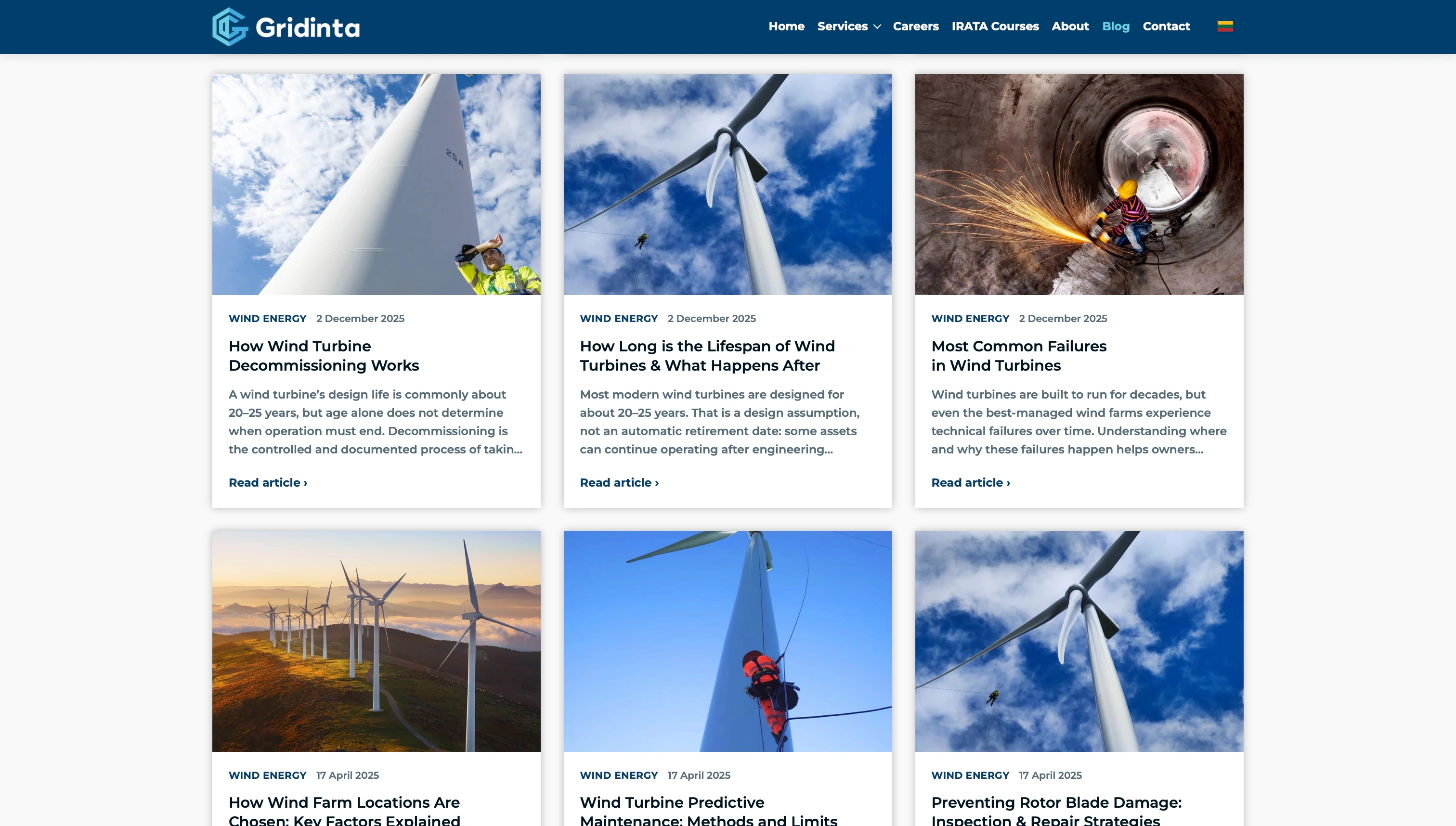 Gridinta Astro blog with wind energy articles in a responsive three-column card layout