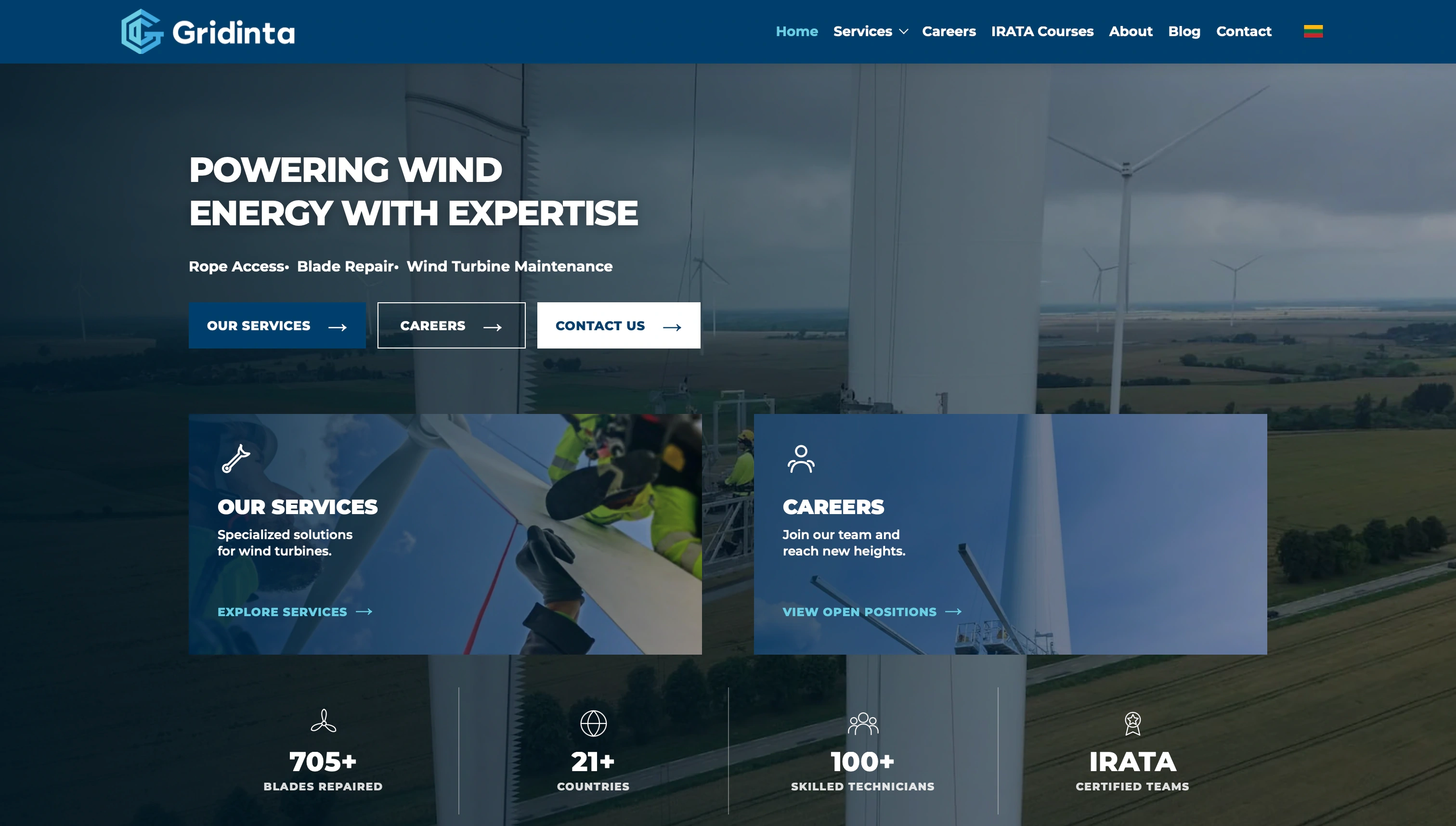 Gridinta Astro homepage with wind turbine imagery, service and careers panels, and company statistics