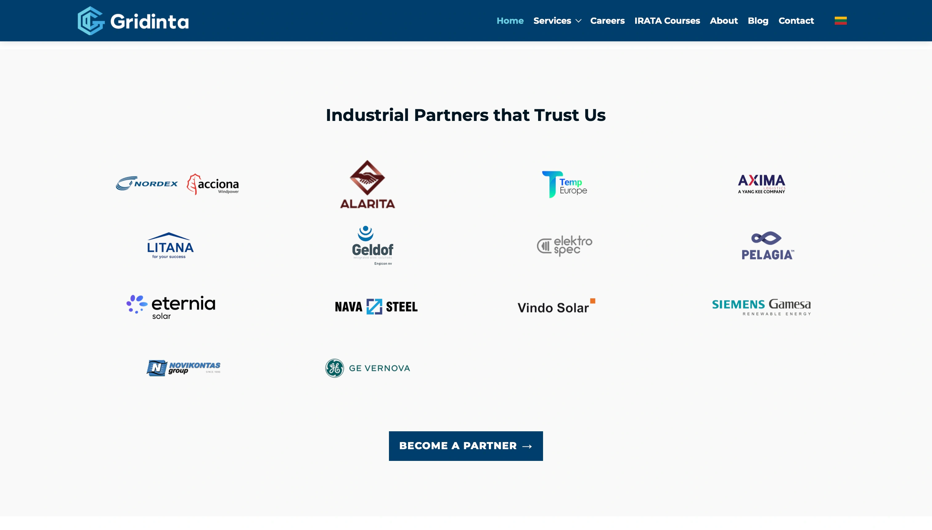Gridinta Astro website section showing industrial partners including Nordex, GE Vernova and Siemens Gamesa