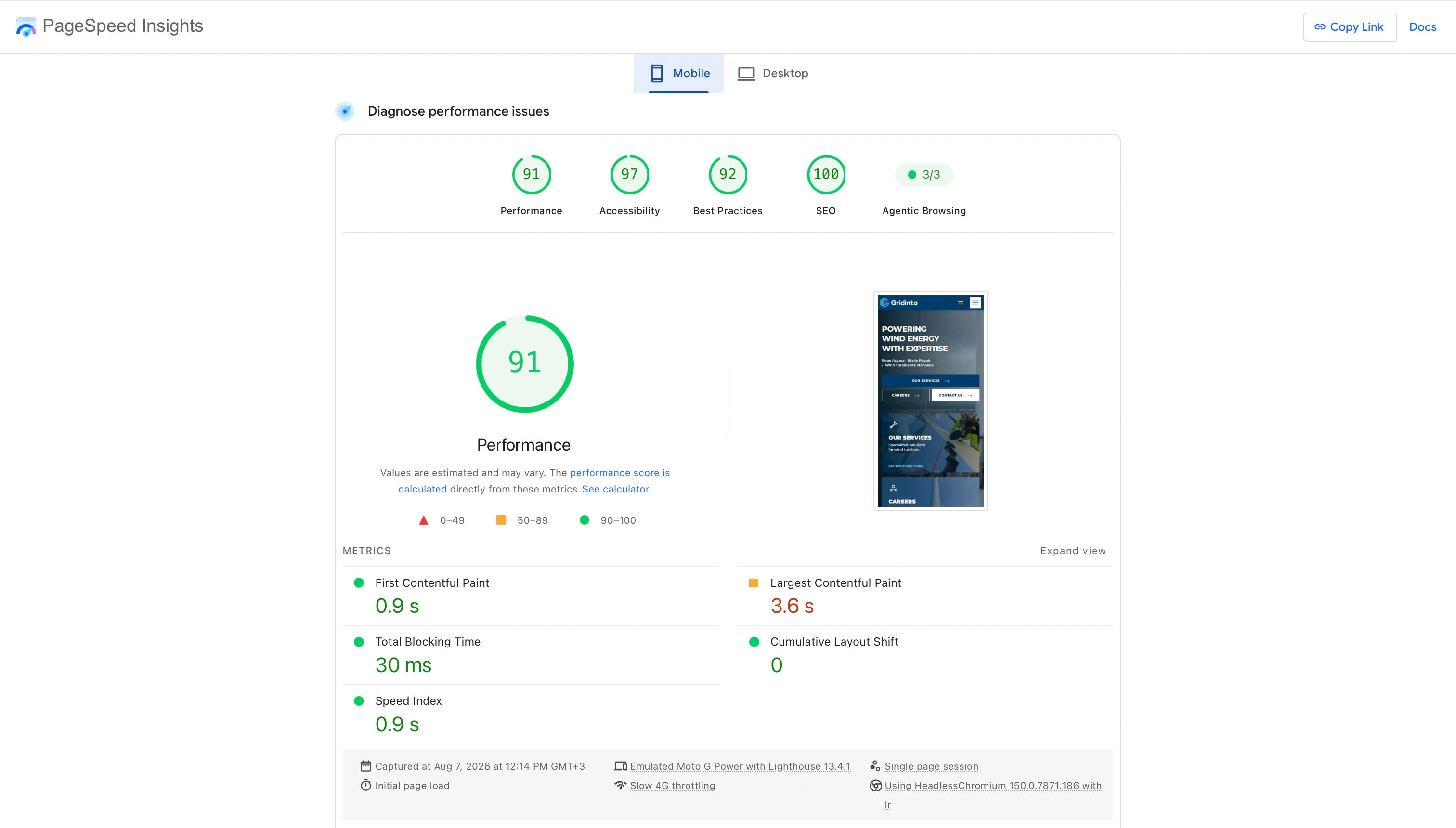 Google PageSpeed Insights mobile Astro report for Gridinta showing Performance 91, Accessibility 97, Speed Index 0.9 seconds, zero CLS and Agentic Browsing 3 of 3