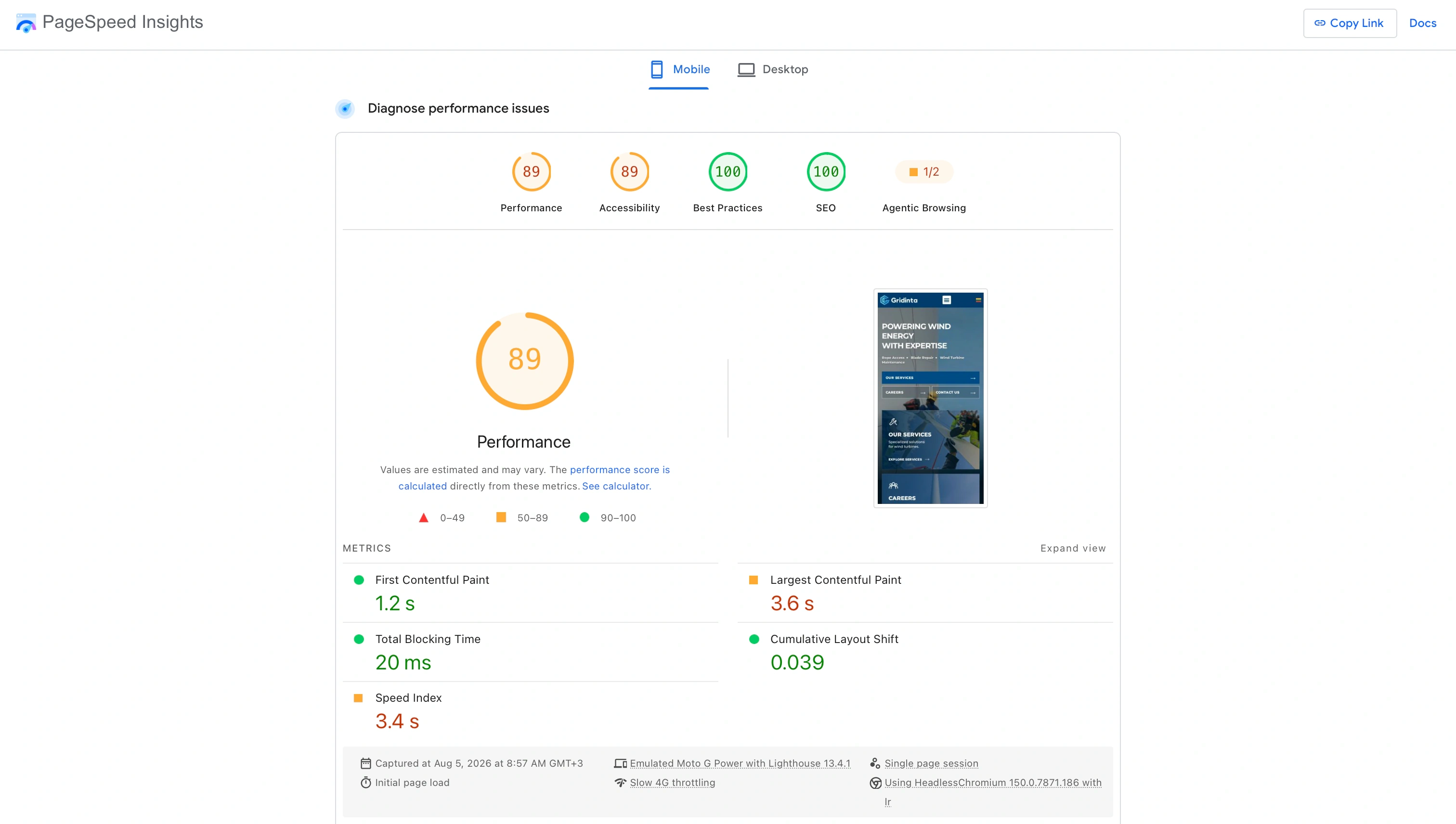 Google PageSpeed Insights mobile WordPress report for Gridinta showing Performance 89, Accessibility 89, Speed Index 3.4 seconds and Agentic Browsing 1 of 2