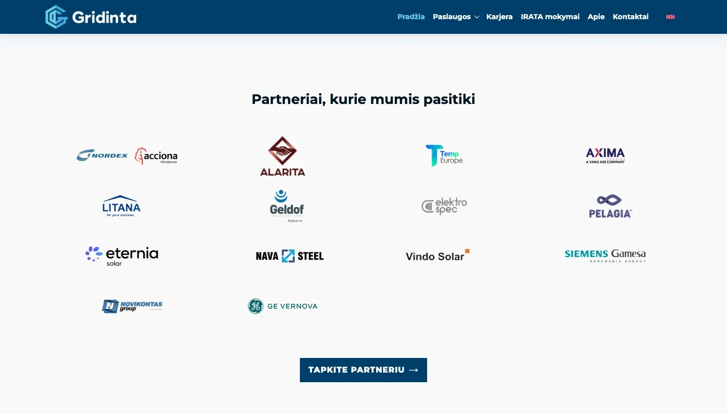 „Gridinta“ svetainės su „Astro“ skiltis, pristatanti pramonės partnerius, įskaitant „Nordex“, „GE Vernova“ ir „Siemens Gamesa“