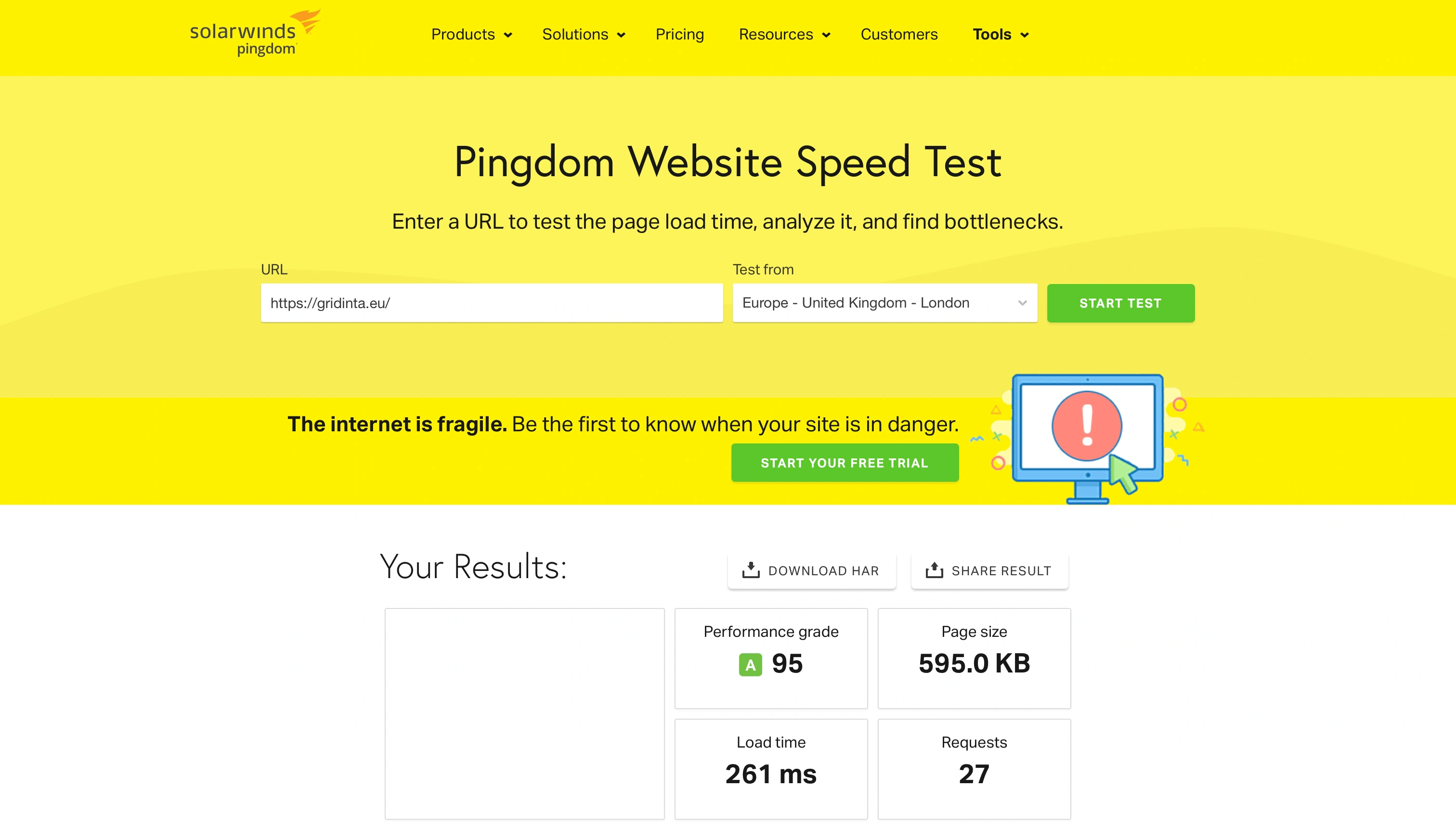 Pingdom Astro report for Gridinta showing performance grade A 95, 595 kilobyte page size, 261 millisecond load time and 27 requests