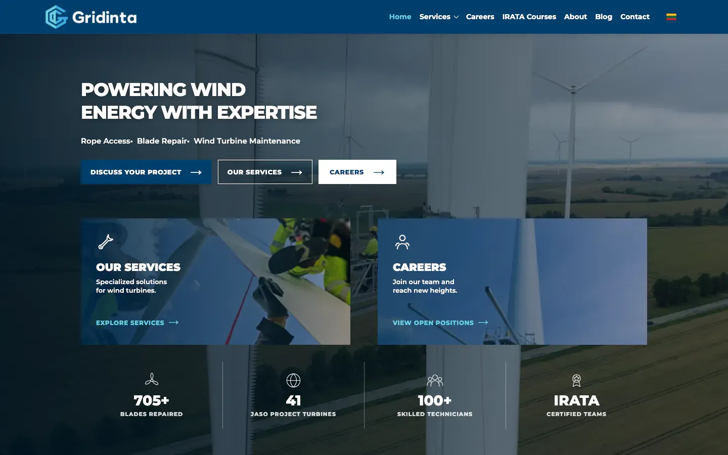 Gridinta homepage with a wind turbine hero, the heading Powering Wind Energy With Expertise, and service and careers panels