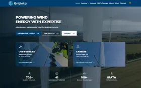 Gridinta homepage with a wind turbine hero, the heading Powering Wind Energy With Expertise, and service and careers panels