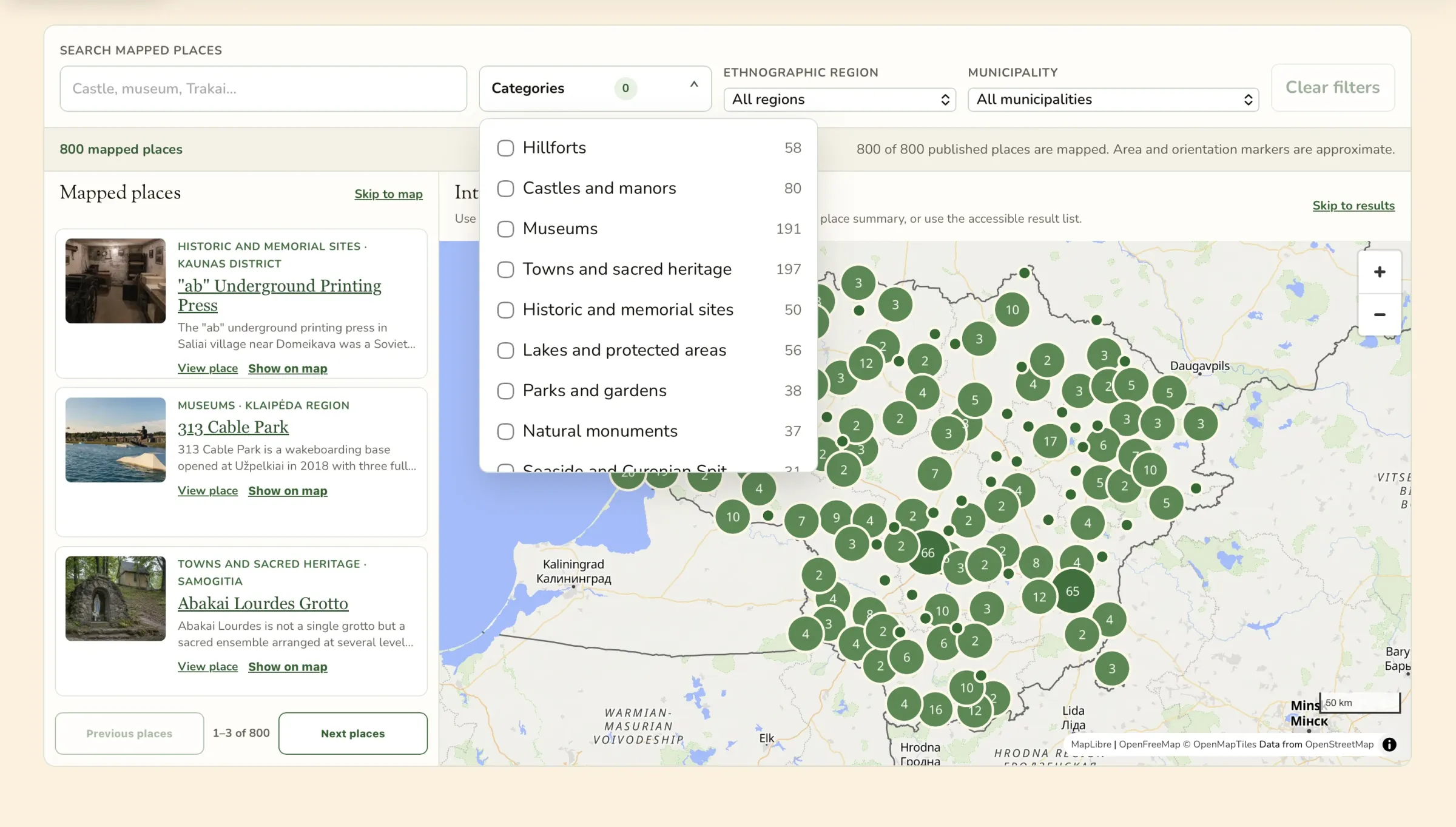 Lietuva.love interactive travel map with place search, category and region filters, a text results list, and clustered markers across Lithuania