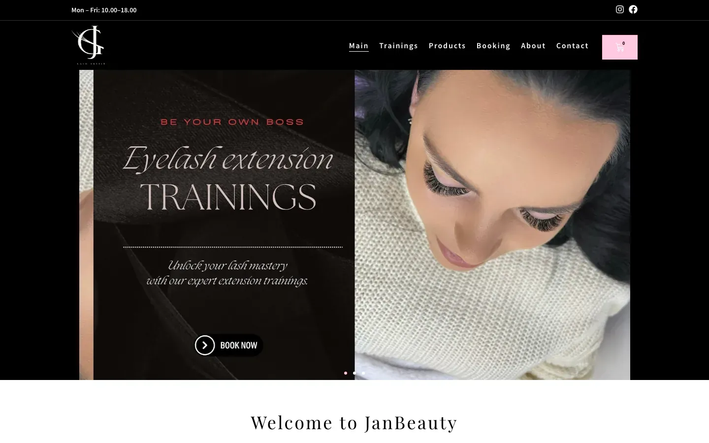 JanBeauty homepage with a black header, a monogram logo and a slider banner for eyelash extension trainings beside a close-up of lash extensions