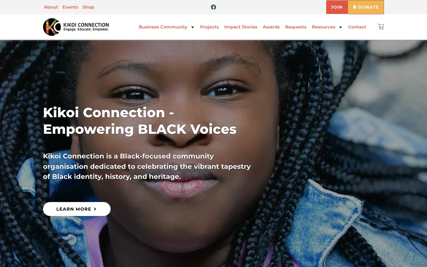 Kikoi Connection homepage with a close portrait of a girl with braids, the heading Kikoi Connection, Empowering Black Voices, and Join and Donate buttons