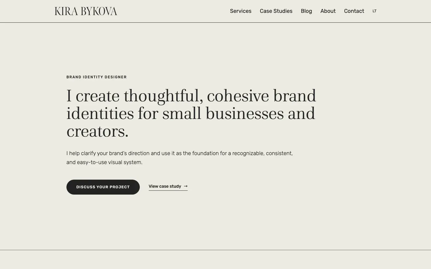 Kira Design homepage in English with a minimal serif layout and the heading I create thoughtful, cohesive brand identities for small businesses and creators