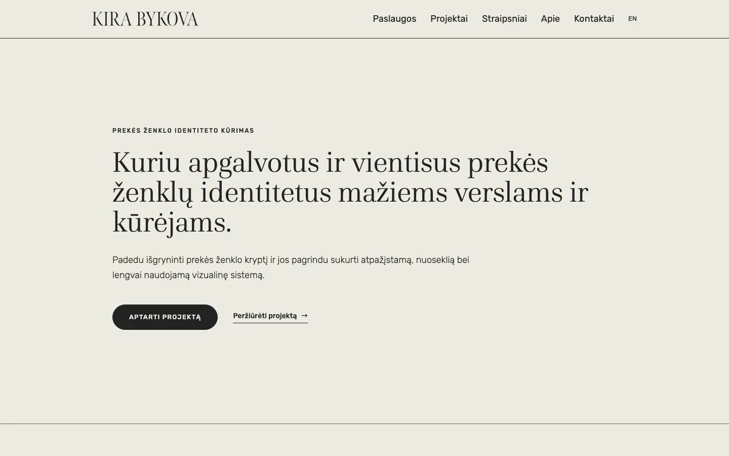 Kira Design homepage with a minimal serif layout introducing brand identity design for small businesses and creators