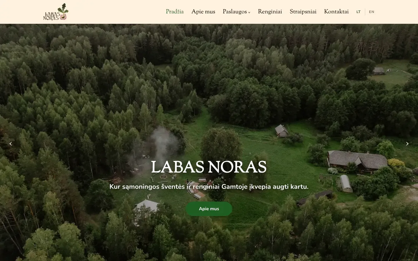 Labas Noras homepage with an aerial photo of a forest homestead and the heading Labas Noras