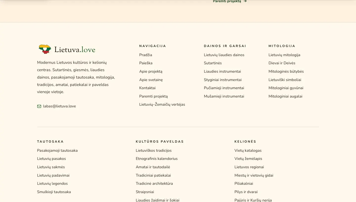 „Lietuva.love“ poraštė su lietuviškų dainų, mitologijos, tautosakos, kultūros paveldo ir kelionių nuorodomis bei svetainės kūrėjos „Web Aloha“ paminėjimu