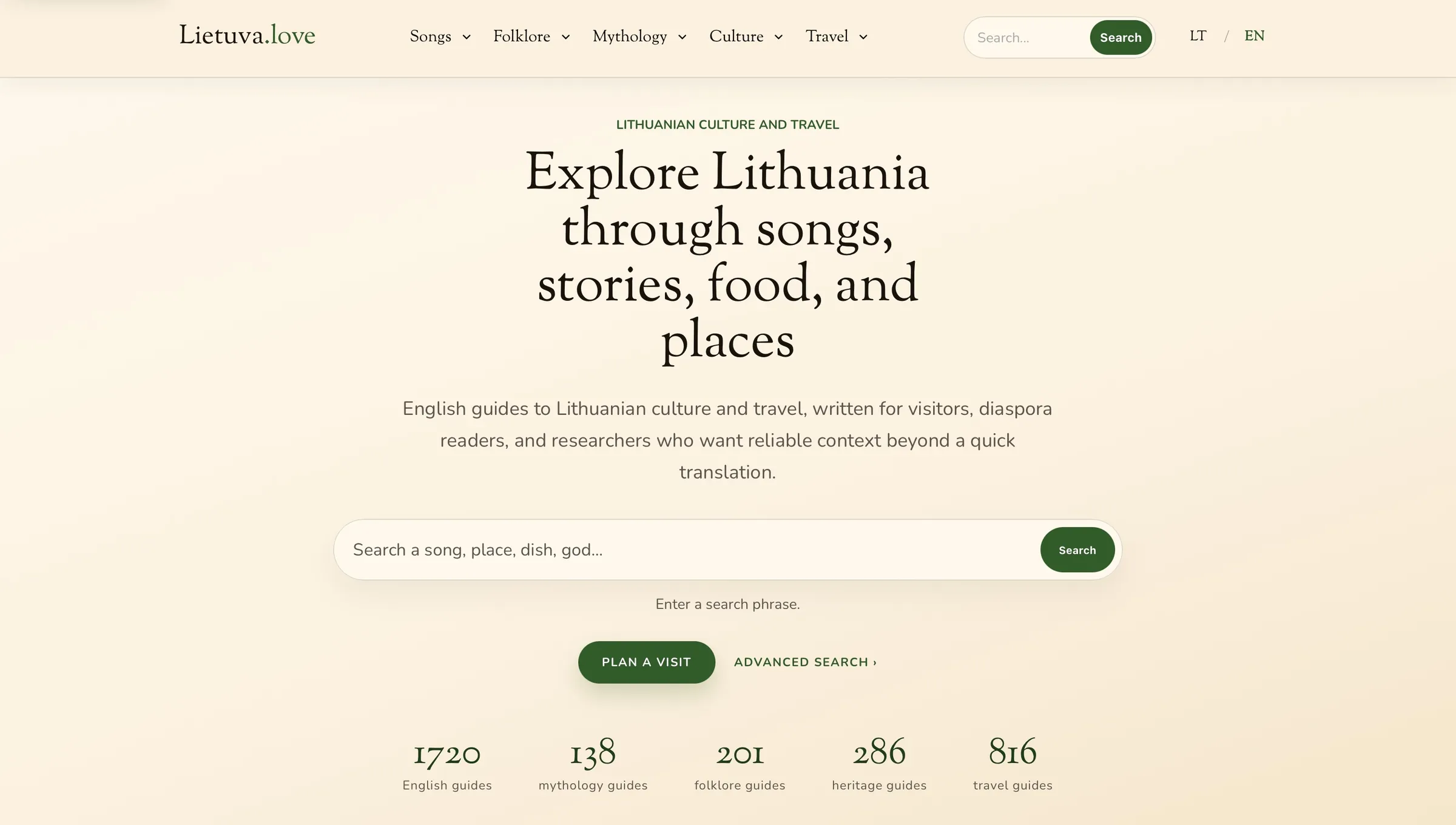 Lietuva.love English homepage with the heading Explore Lithuania through songs, stories, food, and places, plus search and content hubs