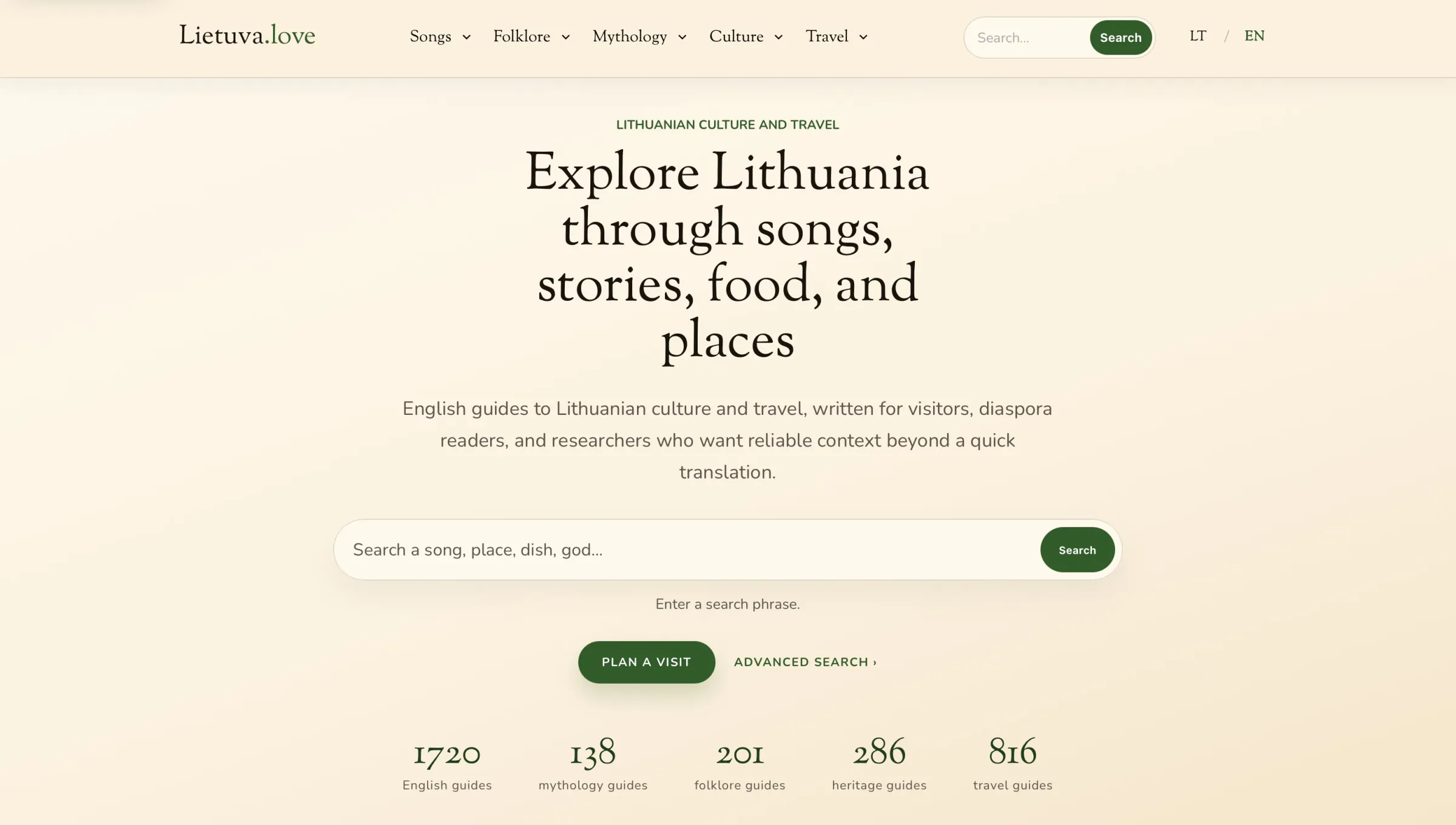 Lietuva.love English homepage with the heading Explore Lithuania through songs, stories, food, and places, plus search and content hubs