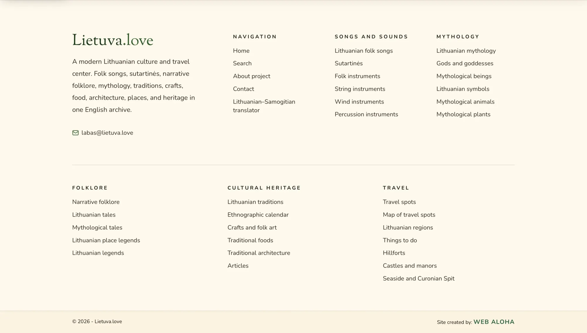 Lietuva.love footer organizing Lithuanian songs, mythology, folklore, cultural heritage, and travel resources, with a Web Aloha site credit