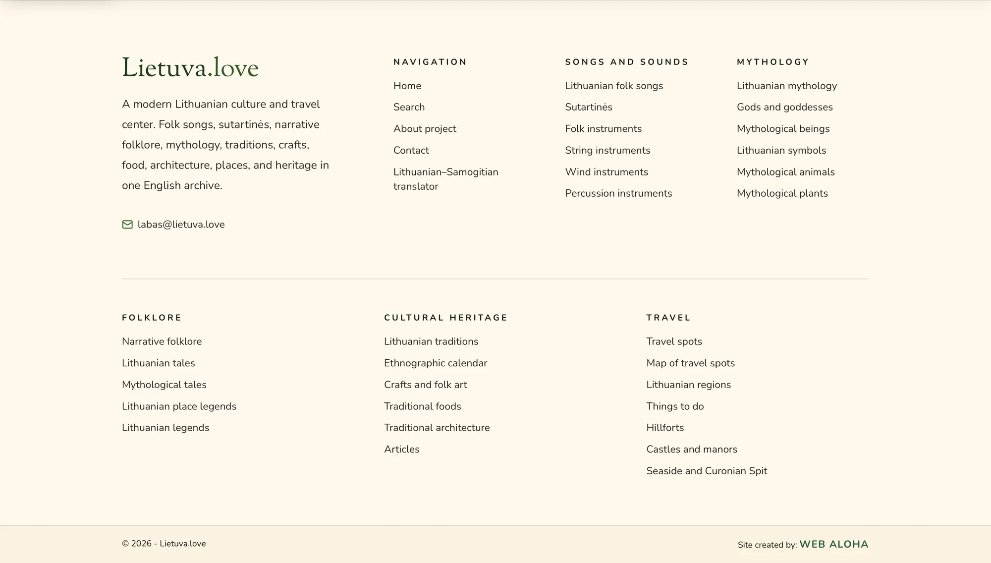 Lietuva.love footer organizing Lithuanian songs, mythology, folklore, cultural heritage, and travel resources, with a Web Aloha site credit