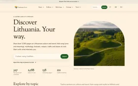 Lietuva.love homepage in English with the heading Discover Lithuania, a site search, culture and travel counts and an arched photo of green hills