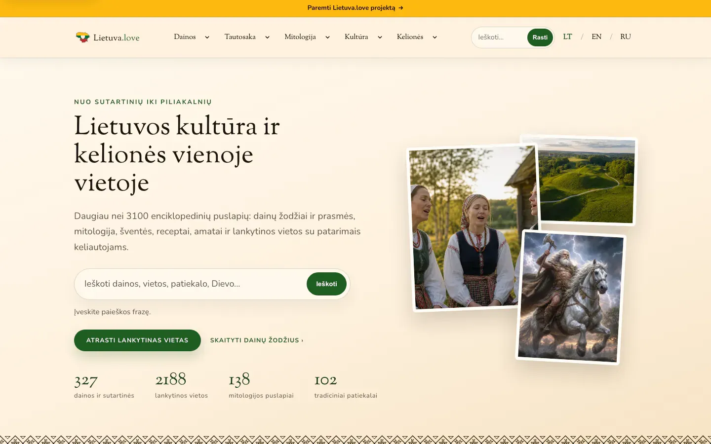 Lietuva.love homepage with a Lithuanian culture and travel headline, a site search and photos of folk singers and green hills