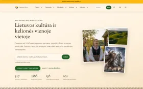 Lietuva.love homepage with a Lithuanian culture and travel headline, a site search and photos of folk singers and green hills