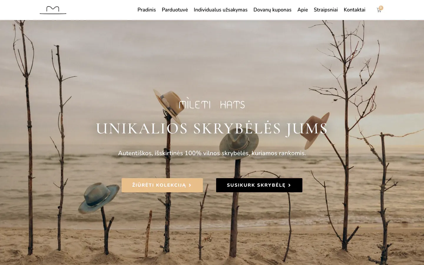 Mileti Hats homepage with wool hats hanging on driftwood branches on a beach, the heading Unikalios skrybėlės jums (unique hats for you) and collection and custom hat buttons