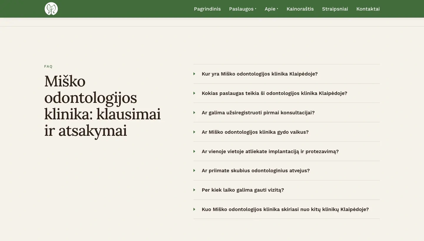 „Miško klinikos“ pagrindinio puslapio klausimų ir atsakymų skiltis apie vietą, paslaugas, pirmąsias konsultacijas, vaikus, implantus, skubius atvejus ir registraciją