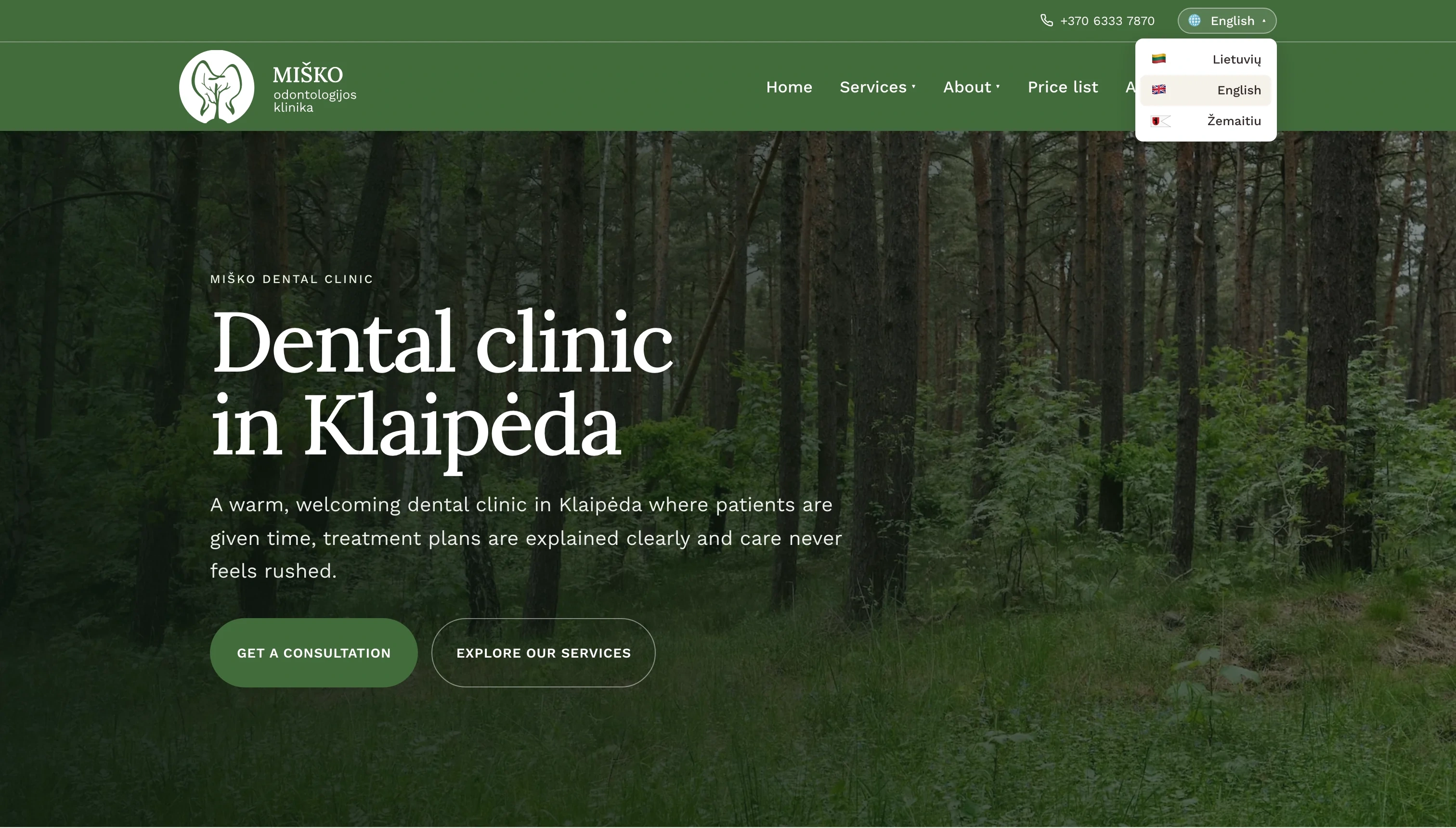 Angliškas „Miško klinikos“ pagrindinis puslapis su miško nuotrauka, odontologijos kliniką Klaipėdoje pristatančia antrašte ir atvertu kalbų meniu: „Lietuvių“, „English“ ir „Žemaitiu“