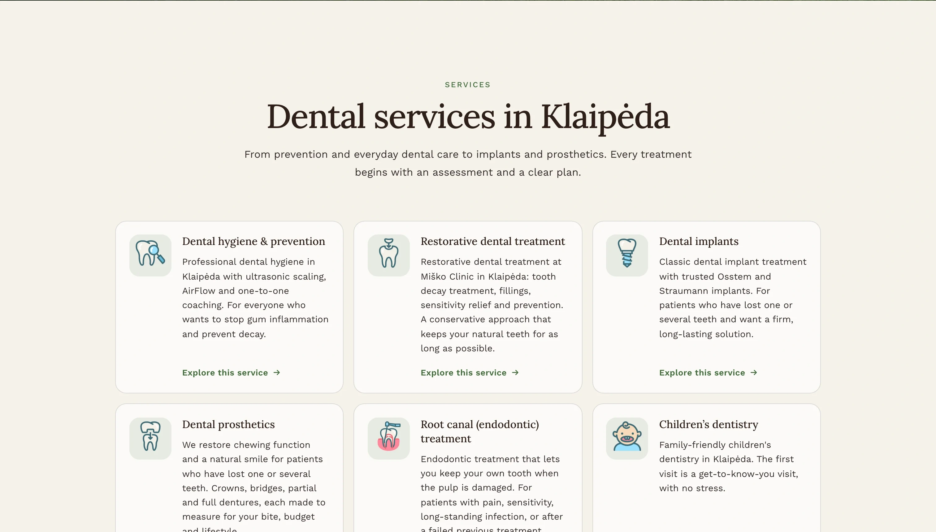 Miško Clinic English homepage services section with cards for dental hygiene, restorative treatment, implants, prosthetics, root canal treatment and children’s dentistry