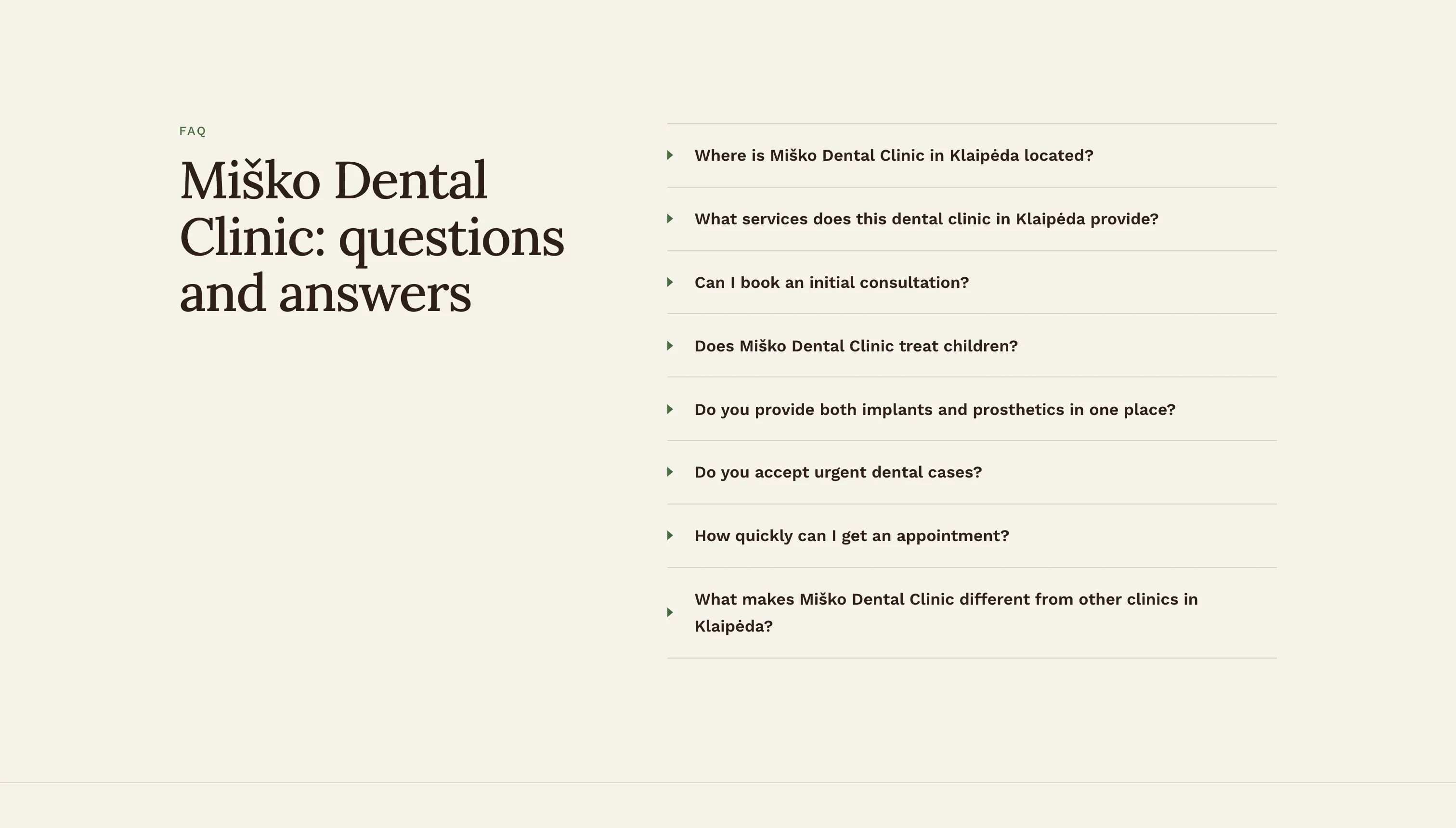 Miško Clinic homepage questions and answers section covering location, services, first consultations, children, implants, urgent cases and appointments