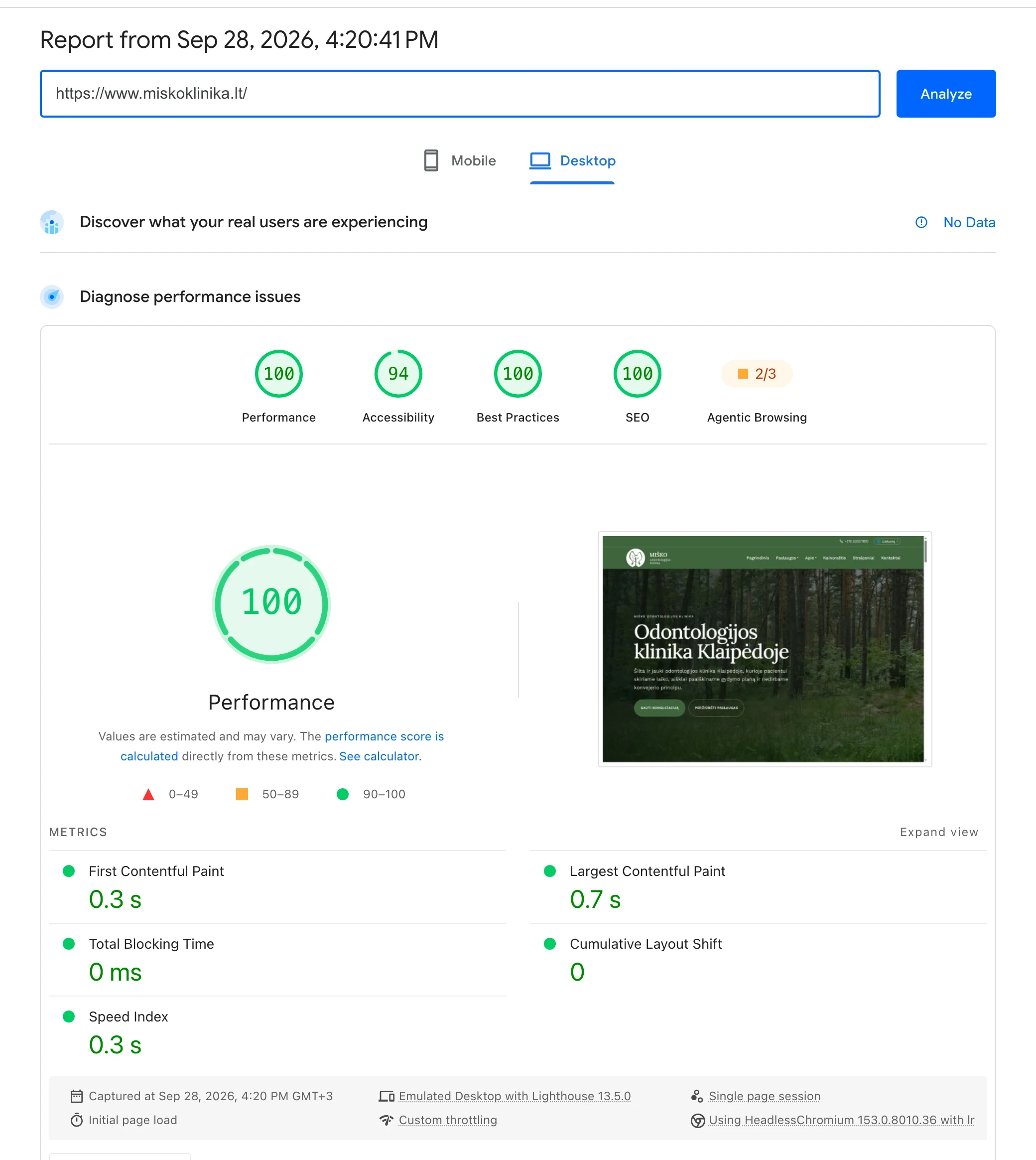 Google PageSpeed Insights desktop report for miskoklinika.lt showing 100 Performance, 94 Accessibility, 100 Best Practices and 100 SEO with a 0.7 second Largest Contentful Paint
