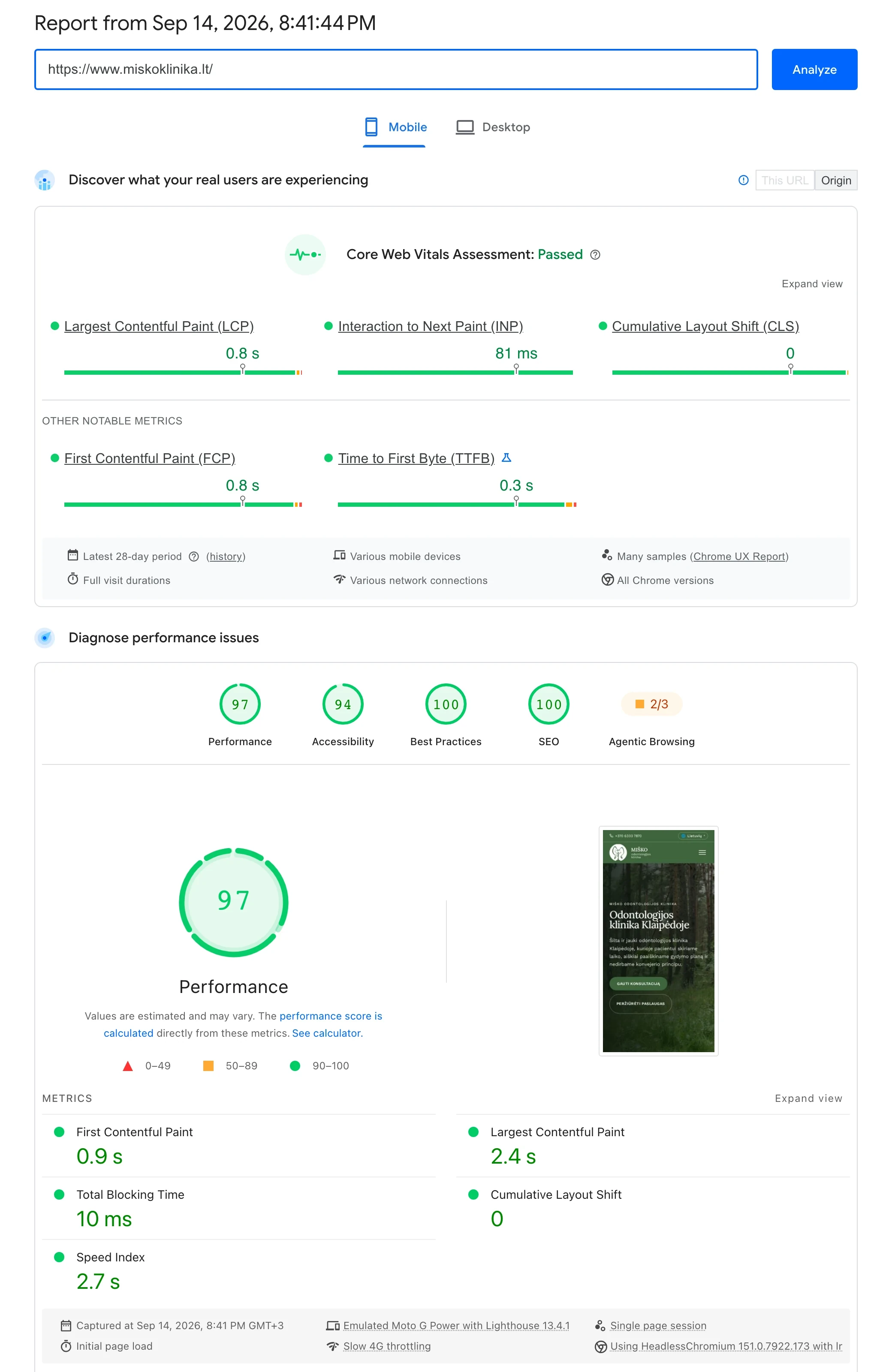 Google PageSpeed Insights mobile report for miskoklinika.lt showing a passed Core Web Vitals assessment from real users and lab scores of 97 Performance, 94 Accessibility, 100 Best Practices and 100 SEO