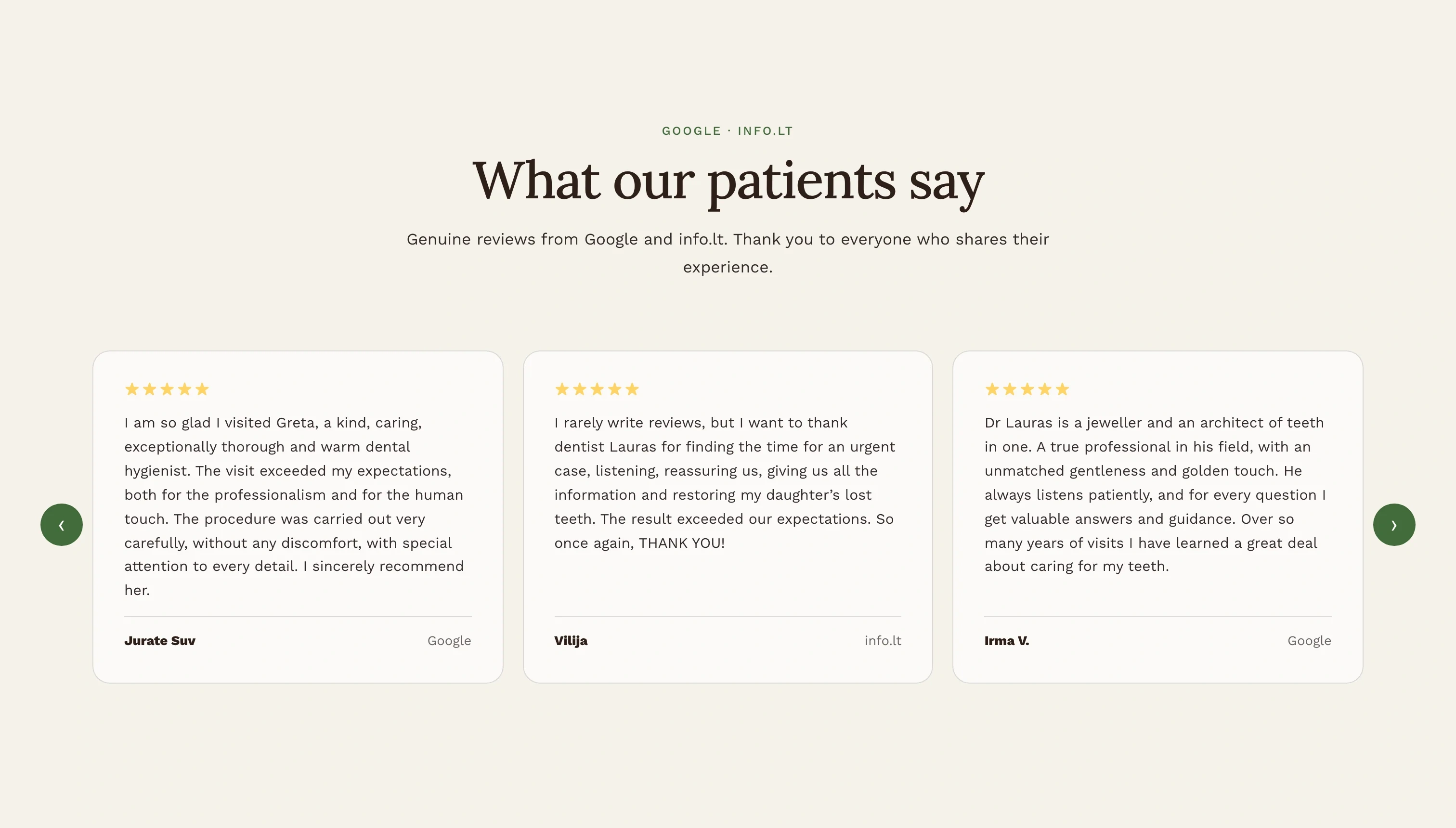 „Miško klinikos“ pacientų atsiliepimų karuselė su penkių žvaigždučių atsiliepimais iš „Google“ ir info.lt