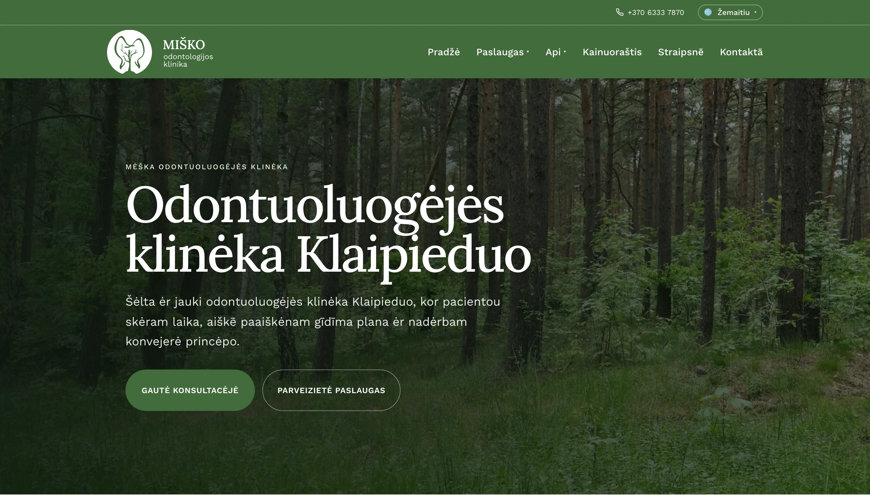 Miško Clinic homepage in Samogitian with the heading Odontuoluogėjės klinėka Klaipieduo and the language switcher set to Žemaitiu