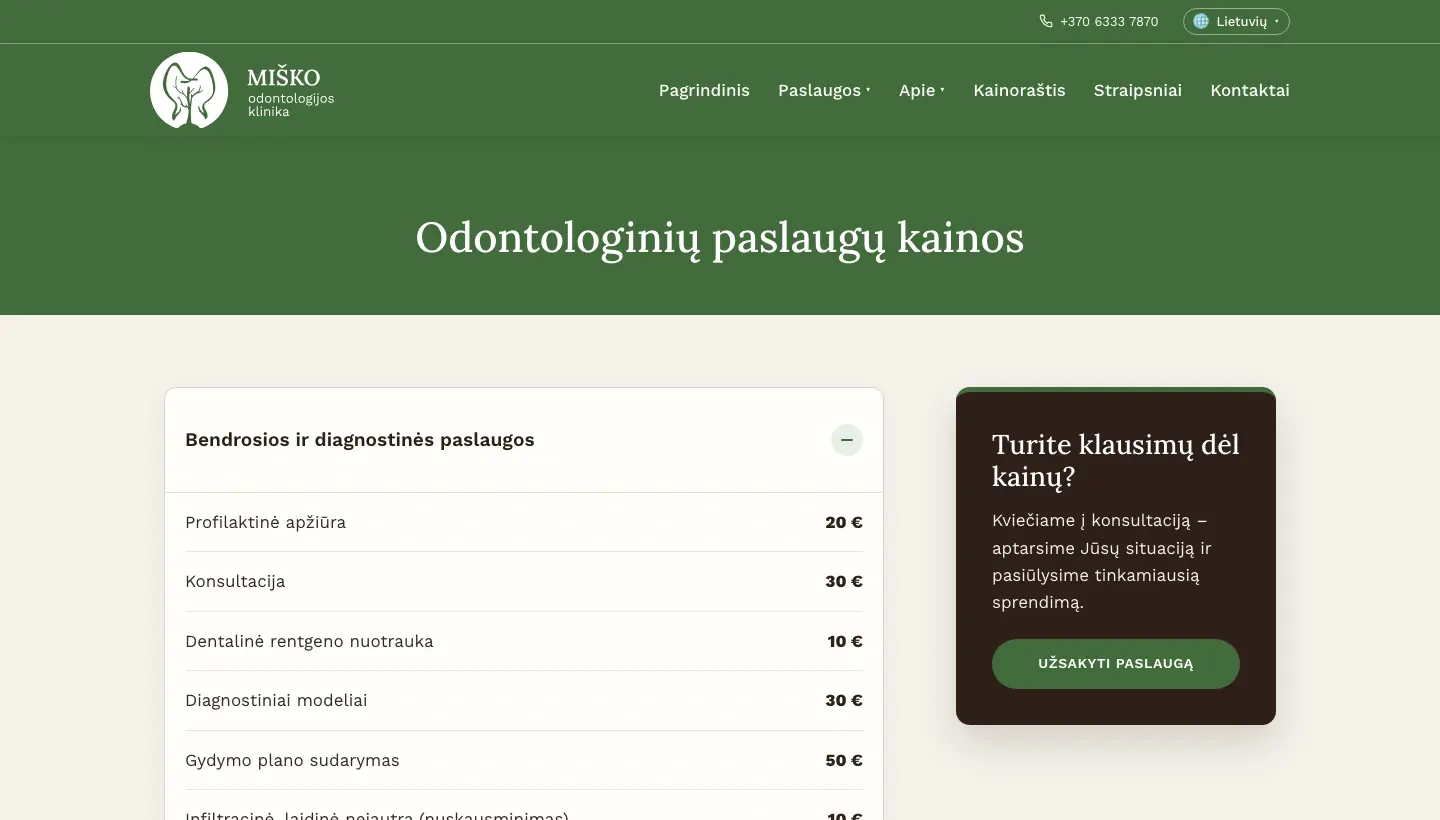 Lietuviškas „Miško klinikos“ odontologijos paslaugų kainynas su bendrosiomis ir diagnostikos paslaugomis, kainomis eurais bei kortele, kviečiančia klausti apie kainas