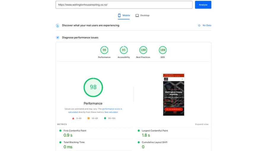 Wellington House Repiling — WordPress to Astro migration, PageSpeed 98