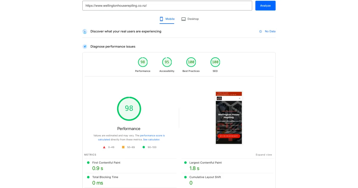 Google PageSpeed Insights score for wellingtonhouserepiling.co.nz on Astro: Performance 98, Accessibility 95, Best Practices 100, SEO 100. FCP 0.9s, LCP 1.8s, TBT 0ms.
