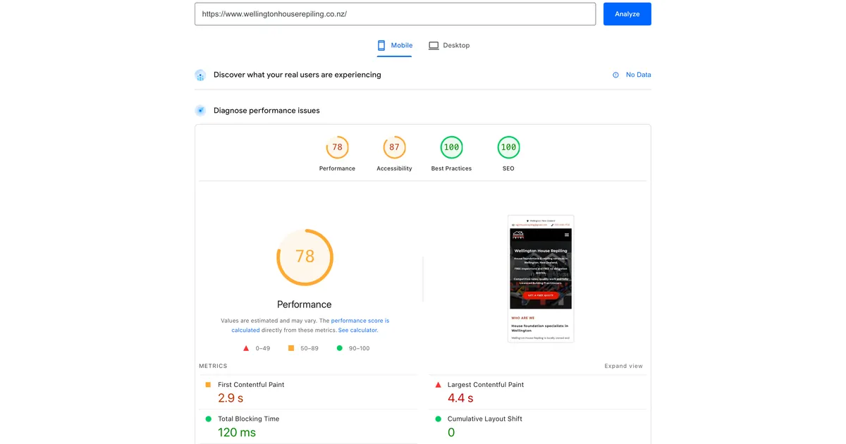 Google PageSpeed Insights score for wellingtonhouserepiling.co.nz on WordPress: Performance 78, Accessibility 87, FCP 2.9s, LCP 4.4s, TBT 120ms.
