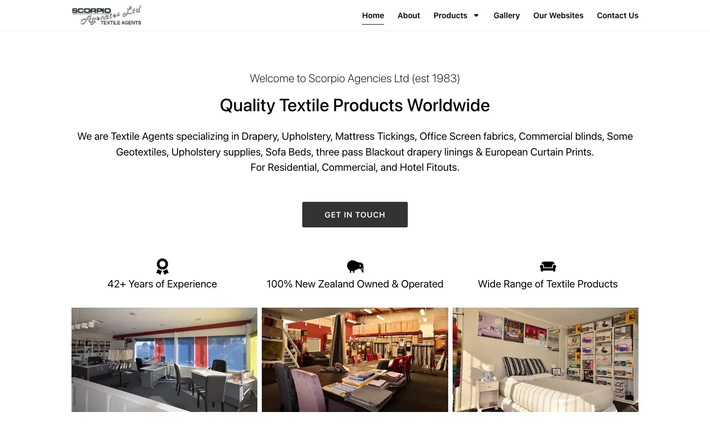 Scorpio Agencies homepage with the heading Quality Textile Products Worldwide, a Get in touch button, three trust badges and photos of the textile showroom