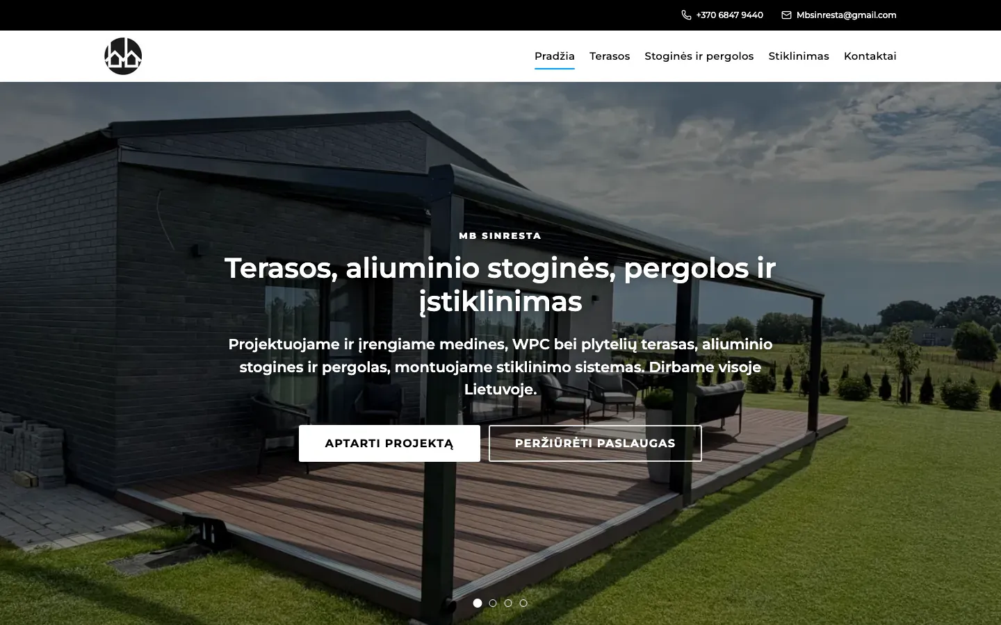 Sinresta homepage with a dark wooden terrace under an aluminium pergola and a heading about terraces, canopies, pergolas and glazing