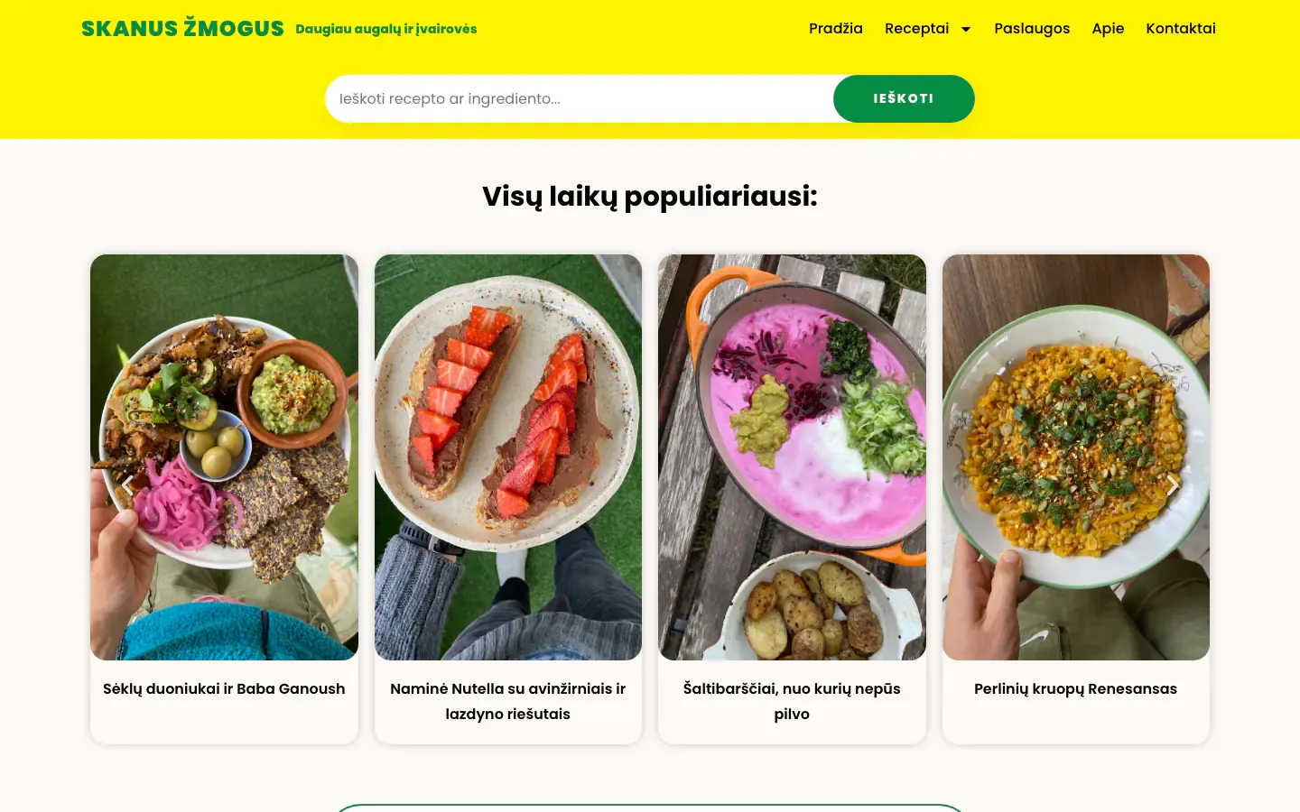 Skanus Žmogus recipe blog homepage with a bright yellow header, a recipe search and a grid of popular plant-based dishes