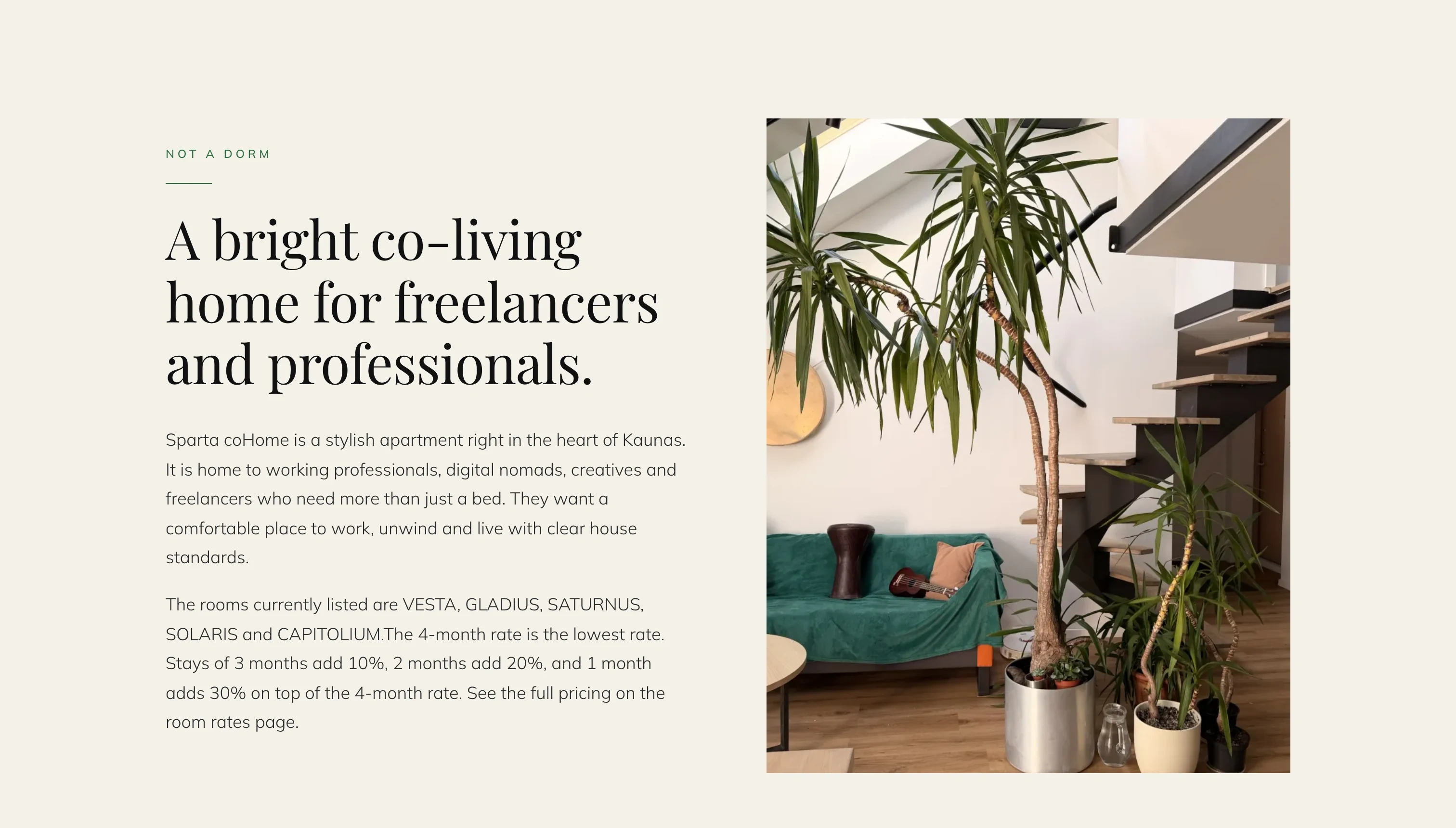 Sparta coHome English page section titled A bright co-living home for freelancers and professionals, with a photo of the shared living room and staircase