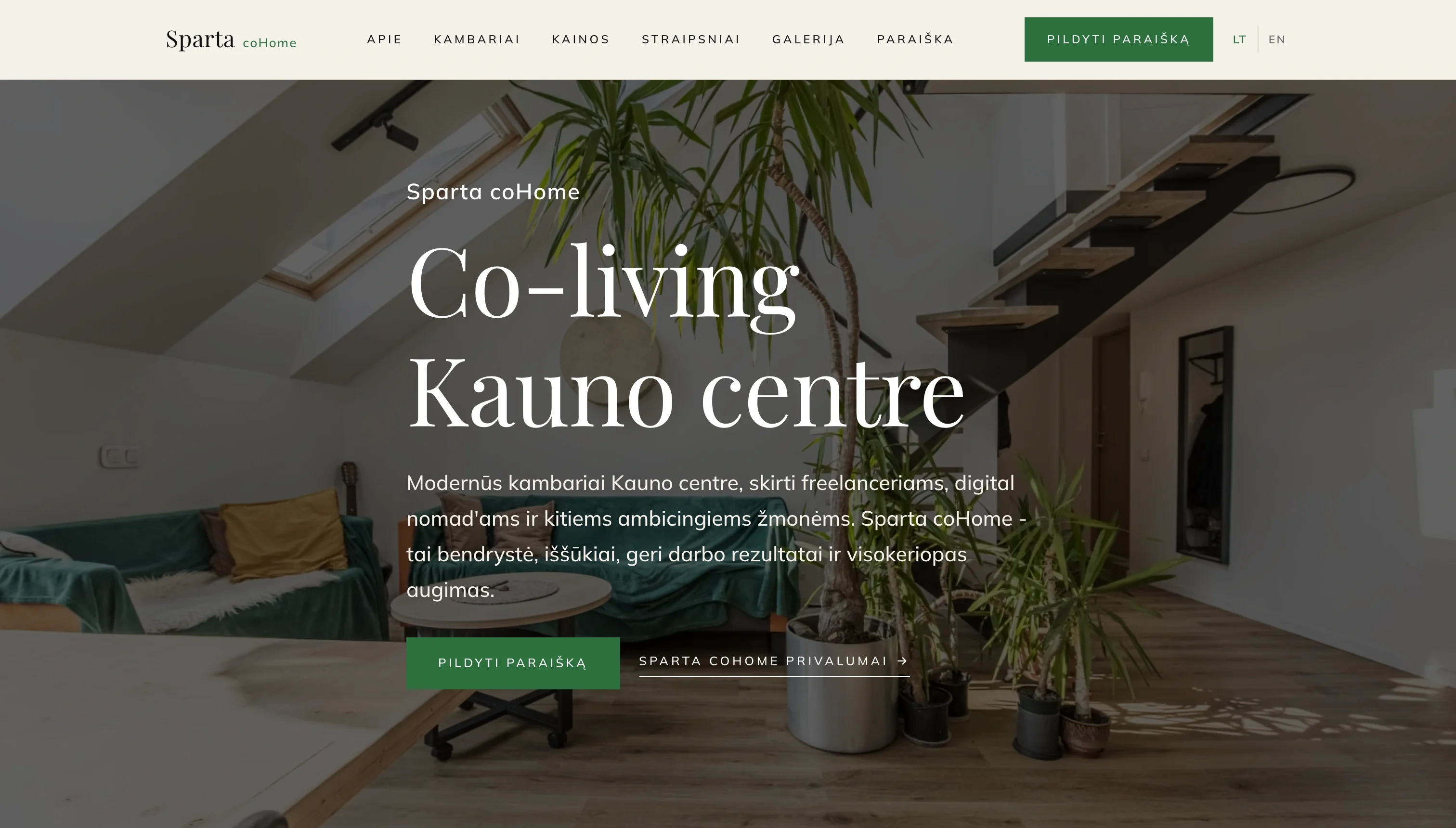 Sparta coHome homepage in Lithuanian with the heading Co-living Kauno centre and an apply button