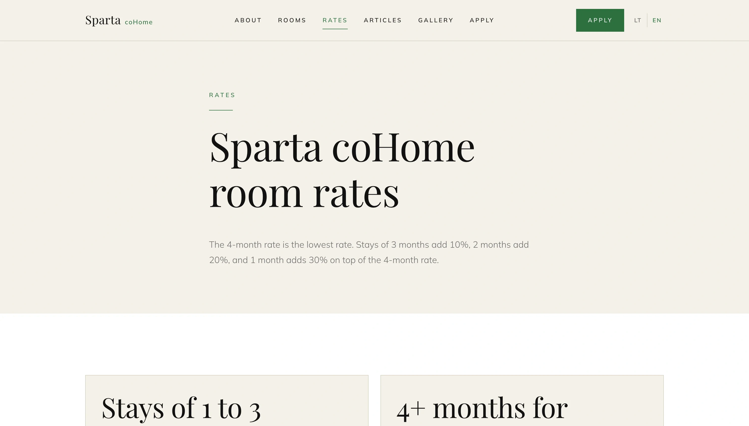 Sparta coHome room rates page explaining that the four-month rate is the lowest and shorter stays add a percentage