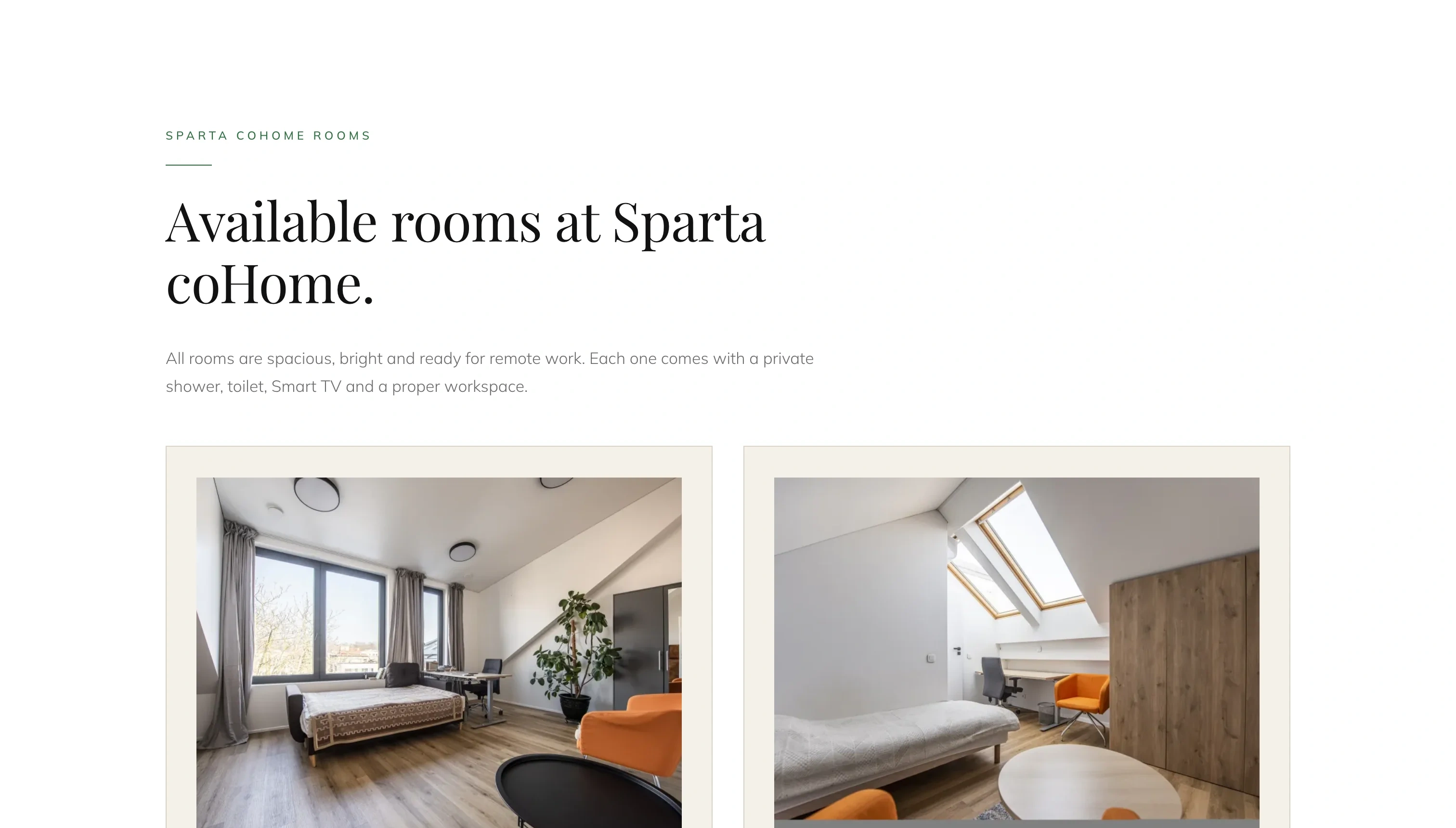 Sparta coHome rooms section titled Available rooms at Sparta coHome, with photos of two bright bedrooms with desks